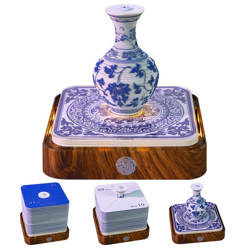 Time Piece Calendar 2026,3D Blue and White Porcelain Memo Pad with LED Light,2026 3D Calendar DIY Paper Carving Art Desktop Decoration Gift for Christmas Birthday - Image 1